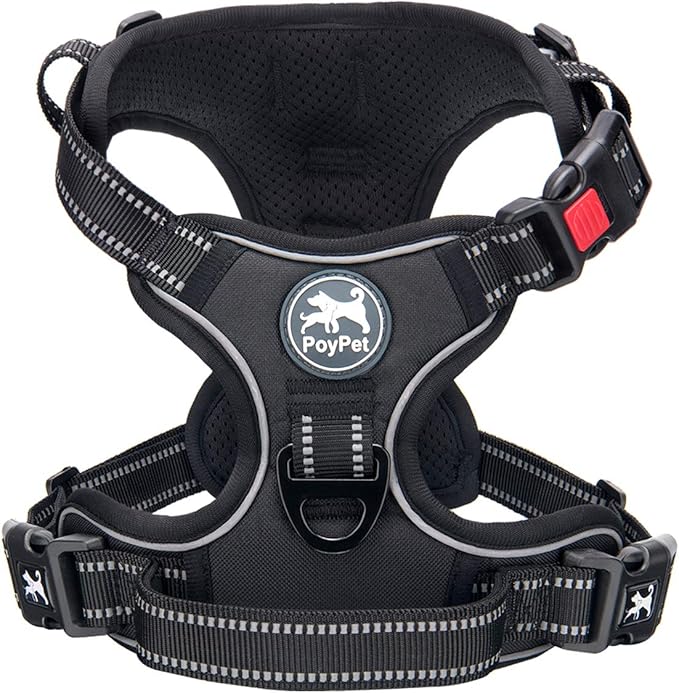 PoyPet No Pull Dog Harness, No Choke Front Lead Dog Reflective Harness, Adjustable Soft Padded Pet Vest with Easy Control Handle for Small to Large Dogs(Black,L)