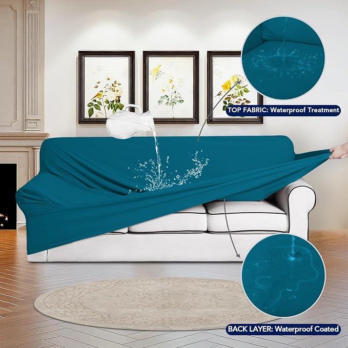 PureFit 100% Dual Waterproof Couch Cover Slipcovers for Couches and Sofas - Stretch Non Slip Fleece Sofa Covers Washable, Leakproof Furniture Protector for Kids, Pets (Oversized Sofa, Peacock Blue)