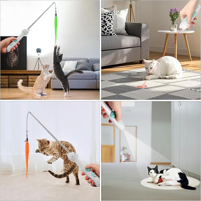 TBTeek Cat Toy, 2in1 Light and 22" Retractable Pole with Feather, Rechargeable, 5 Modes, Interactive Wand Toy for Indoor Cat Kitten Dog 3 Refills
