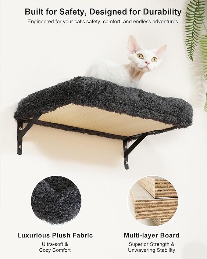 FUKUMARU Cat Wall Shelves Set, 70 Inch Stable Wall Mounted Tree, Kitten Scratching Post with Soft Cushion Perch, Space Saving Climbing Wall Furniture for 16 Inch Drywall - Gray