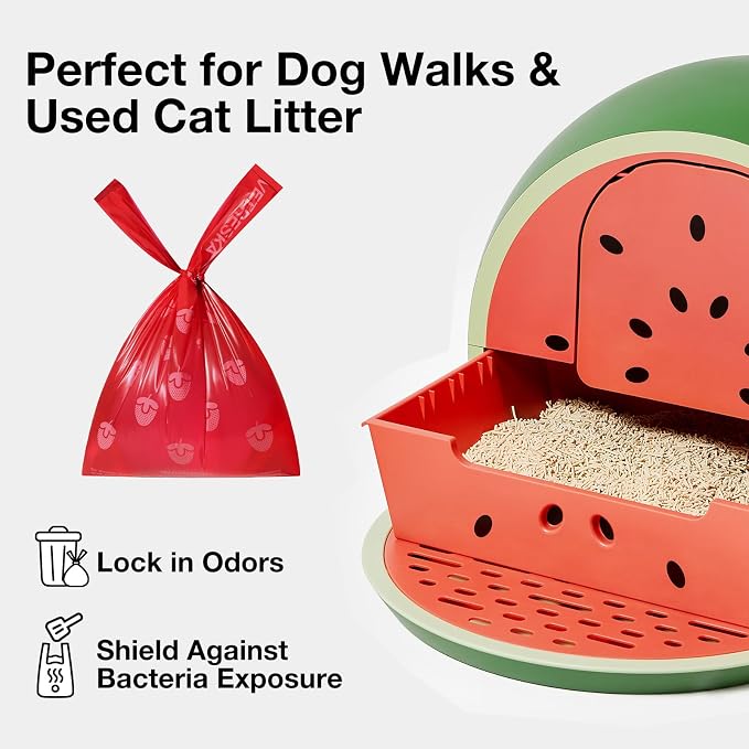 VETRESKA Dog Poop Bags with Handles 120 Count, Strawberry Scented Waste Bags, Leak-Proof Thick Dog Bags for Poop, Easy-Tie Large Poop Bags, 8 Refill Rolls for Dog Walking Cat Litter