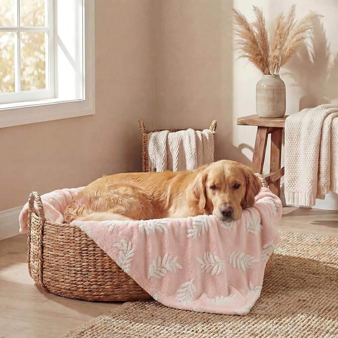Horaldaily Pets Flannel Blanket, Pink Leaves 3D Textured Soft Fuzzy Fluffy Plush Cozy Fleece Premium Blankets for Dog Cat Puppy Kitten Couch Protection, 16x23