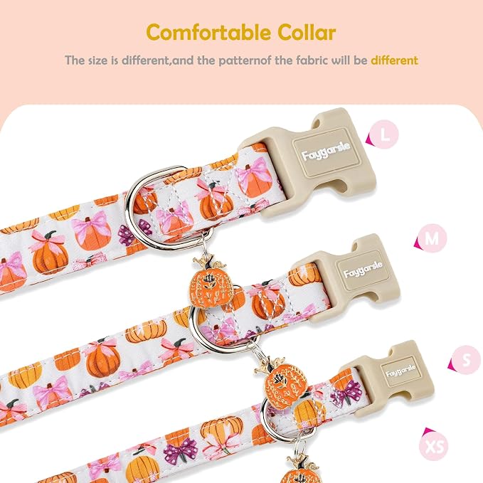 Faygarsle Fall Pumpkin Pattern Dog Collar with Charm, Adjustable Neckwear for Small Medium Large Dogs, Orange and Pink for Small Medium Large Dogs L