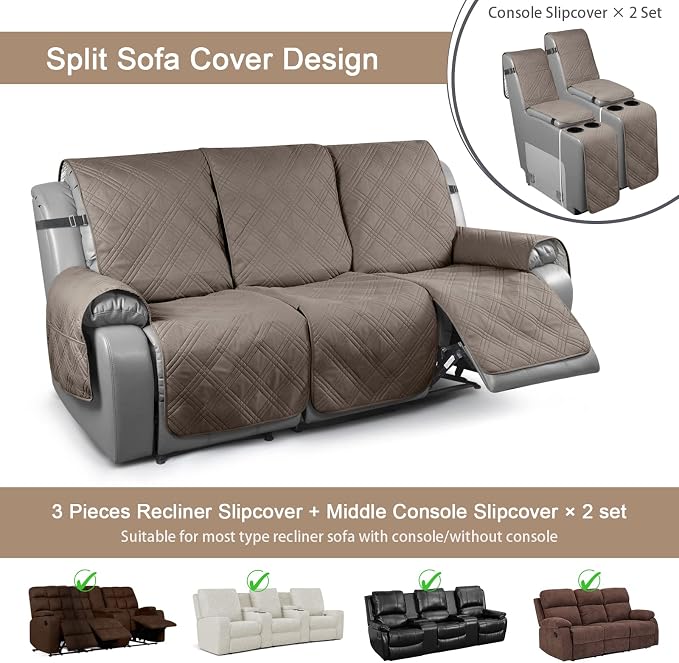 TAOCOCO 100% Waterproof Recliner Couch Covers with Console, Sofa Covers for Reclining Sofa 3 Seat with Straps Design, Split Recliner Sofa Cover Furniture Pets Kids Protector (3 Seater, Taupe)