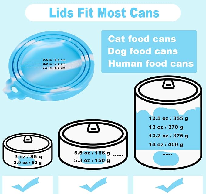 Comtim 5 PCS Pet Food Can Lids & Spoons Set - Silicone Dog Cat Covers With Multi-Function Spatula Opener for Wet Food - Long Handle Easy to Scoop