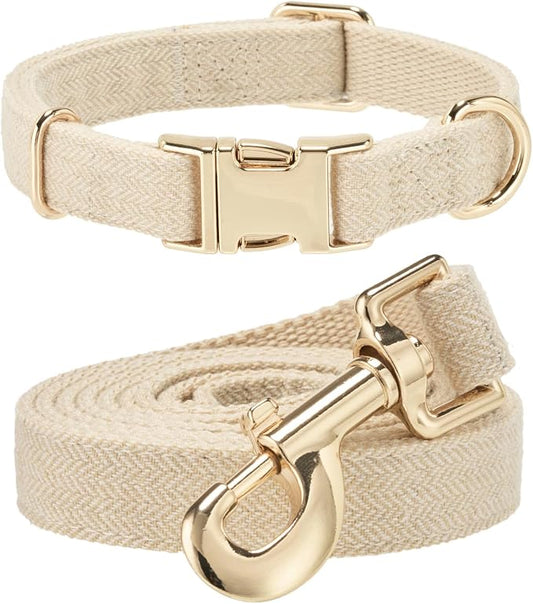 Soft Dog Collar and Leash Set Adjustable Woven Tweed Dog Collars with Metal Buckle and Lead for Small Medium Large Dogs,Beige