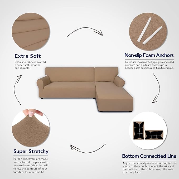 PureFit Super Stretch Sectional Couch Covers - 2 pcs Spandex Non Slip Sofa Covers with Elastic Bottom for L Shape Sectional Sofa Couch, Great for Kids & Pets (3 Seat Sofa + 3 Seat Chaise, Camel)