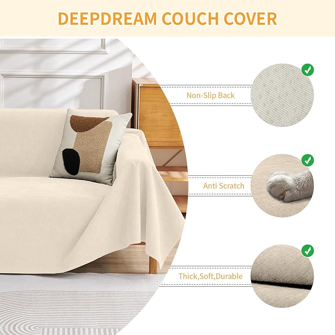 Deep Dream Waterproof Couch Covers for 3 Cushion Couch, Cat-Scratch Resistant Sofa Cover, Pet Friendly Anti Slip Sofa Slipcovers Furniture Protector Washable Sofa Covers, 91" x 118", Beige