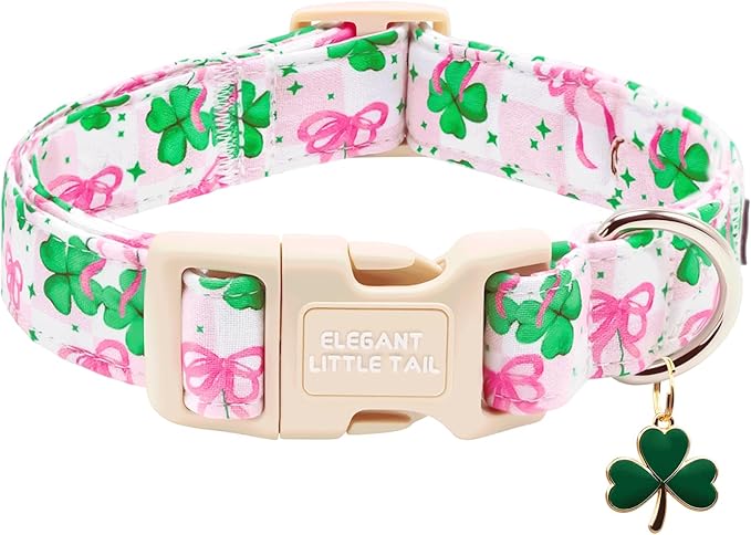 Elegant little tail St Patrick's Dog Collar - Green Cute Clover Cotton Shamrock Pet Collar Trefoil Adjustable Cotton Pet Collar with Quick Release Buckle for Large Dogs