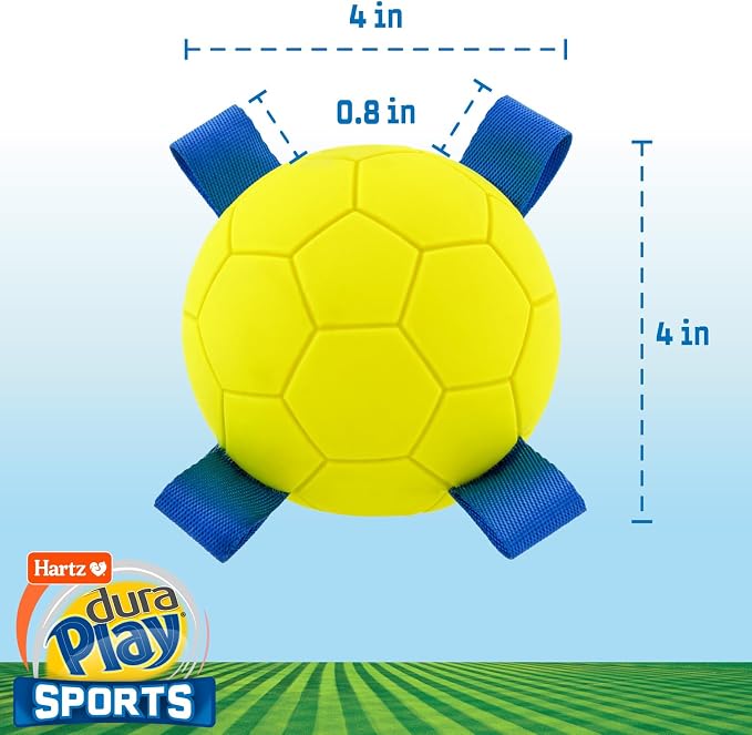 Hartz Dura Play Sports Soccer Dog Toy, Bacon Scented Squeaky Latex Yellow & Blue Toy, 3 Count