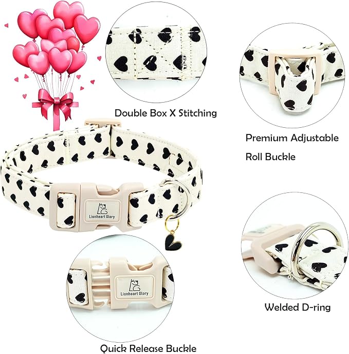 Lionheart glory Valentine's Dog Collar-Hearts Print Dog Collar for X-Small Cute Dog Collars Spring Female Male Pet Gift Adjustable Heavy-Duty Puppy Collar Holiday