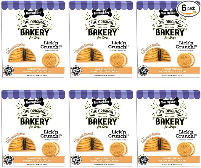 Three Dog Bakery Lick'n Crunch Sandwich Cookies Premium Dog Treats with No Artificial Flavors, Golden & Peanut Butter Flavor, 13 Ounces (Pack of 6)