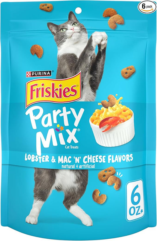 Purina Friskies Cat Treats, Party Mix Lobster & Mac 'N' Cheese Flavors - (Pack of 6) 6 oz. Pouches
