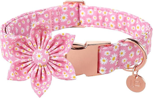 Summer Dog Collar with Pink Daisy Flower, Cotton, XL, Extra Large Dog, Comfortable Blue Collar with Metal Buckle, Detachable Flower
