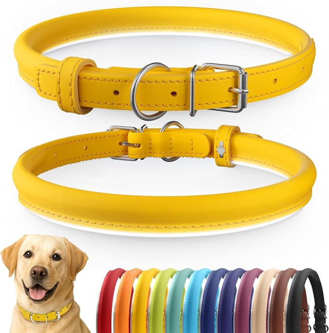 CollarDirect Reflective Rolled Leather Dog Collar, Soft Padded Round Puppy Collar, Handmade Genuine Leather Collar Dog Small Large Cat Collars 13 Colors (15-19 Inch, Yellow Reflective)