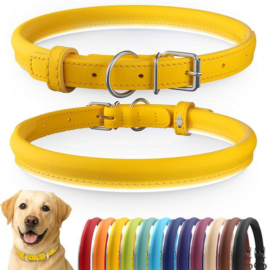 CollarDirect Reflective Rolled Leather Dog Collar, Soft Padded Round Puppy Collar, Handmade Genuine Leather Collar Dog Small Large Cat Collars 13 Colors (15-19 Inch, Yellow Reflective)