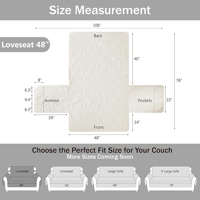 Stay in Place Ivory White Quilted Loveseat Couch Cover for 2 Cushion Couch, Water Repellent Love Seat Quilted Sofa Covers Washable, Pet Friendly Slipcovers (Loveseat 48", Ivory White)