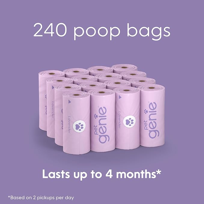 Pet Genie, Dog Poop Bags Rolls Scented, Extra Strong & Leak-Proof for Dogs, Lavender Scented, Easy Tear Pet Waste Bags, Made from 65% Recycled Plastic, 16 Rolls (240 Count)