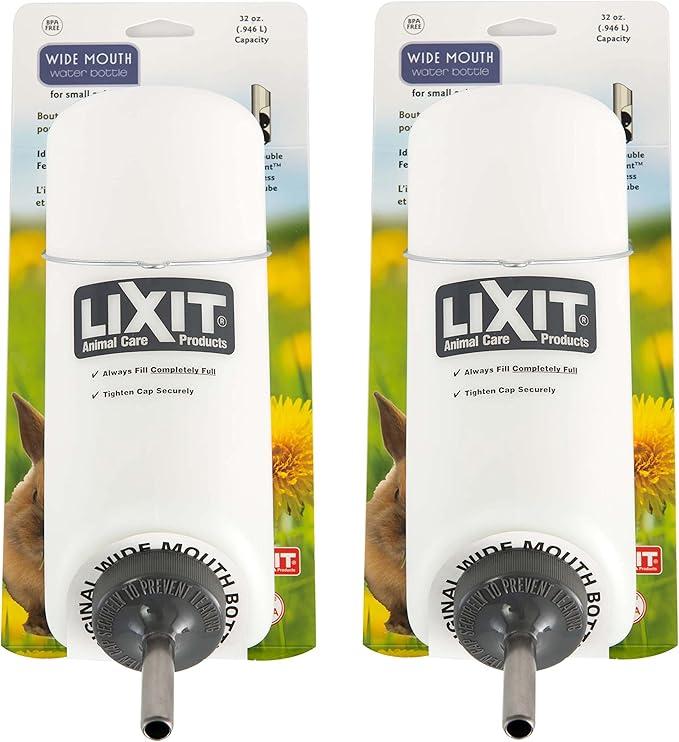 Lixit Wide Mouth BPA-Free Cage Water Bottles for Rabbits, Ferrets, Guinea Pigs, Rats, Chinchillas, Hamsters, Mice, Hedgehogs, Gerbils and Other Small Animals. (Translucent, 32 Ounce Pack of 2)