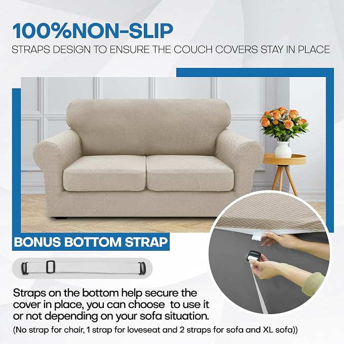 XINEAGE 2026 New 2 Pieces Chair Covers with Arms Super Stretch Chair Slipcover for Living Room Pet Dog Universal Slip Cover Anti Slip Armchair Furniture Protector (Khaki), 31"-46"(1 Cushion)