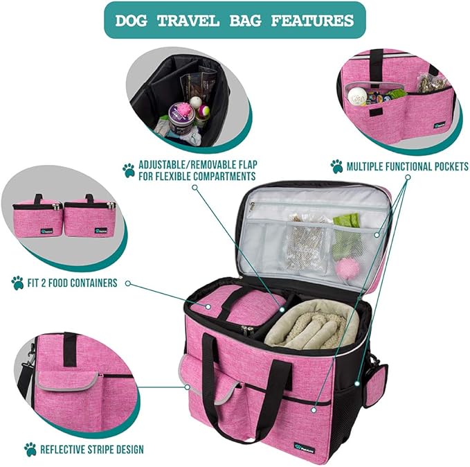 PetAmi Dog Travel Bag Organizer, Pet Travel Kit with 2 Food Containers & 2 Collapsible Dog Bowls, Pet Supplies Tote with Luggage Sleeve, Weekend Road Trip Camping Essentials, Pink, Large
