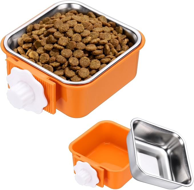 Crate Dog Bowl, Removable Stainless Steel Pet Cage Hanging Anti-Overturn Food Water Feeder Cage Cup (Square, Orange, 11.1oz), Intended for Puppies/Cat/Rabbit/Bird