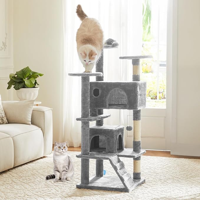 DUMOS 54 Inch Cat Tree Tower, Indoor Multi-Level Pet House for Large Cats with 2 Condos, Scratching Posts, Round Platform, Small Ladder, and Toys, Light Grey