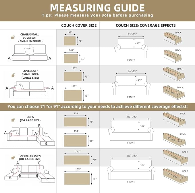 Couch Cover for Dogs Washable Sofa Cover, Sectional Couch Covers, Sofa Covers for 2 Cushion Couch, Non Slip Stripe Sofa Slipcovers Furniture Protector (Beige, 71x134)
