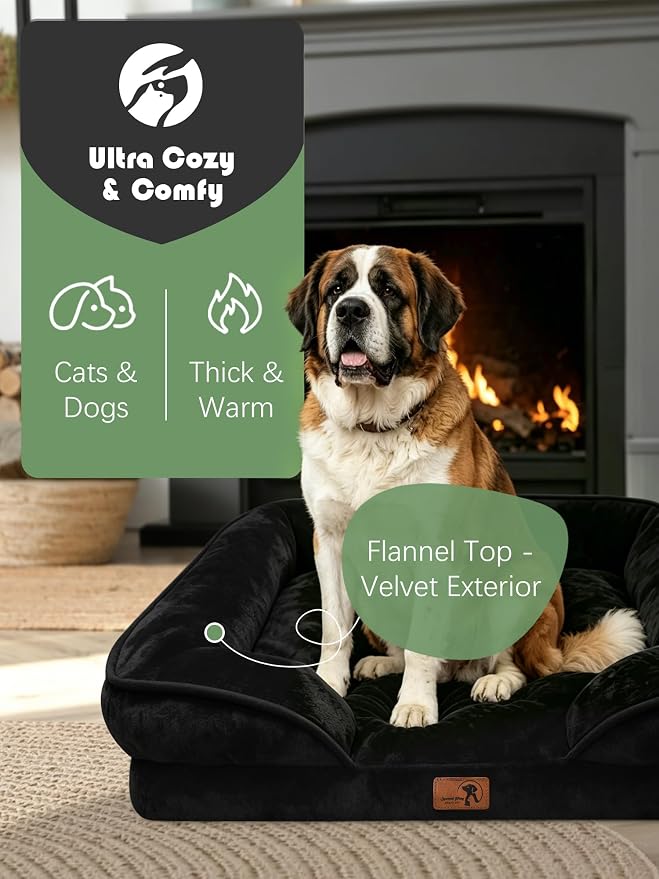 Spotted Play Orthopedic Dog Bed with Sides - Sofa Beds for Extra Large Dogs, Supportive Foam Pet Couch Bed with Washable Removable Cover, Waterproof Lining and Non-Slip Bottom, Black - XXL