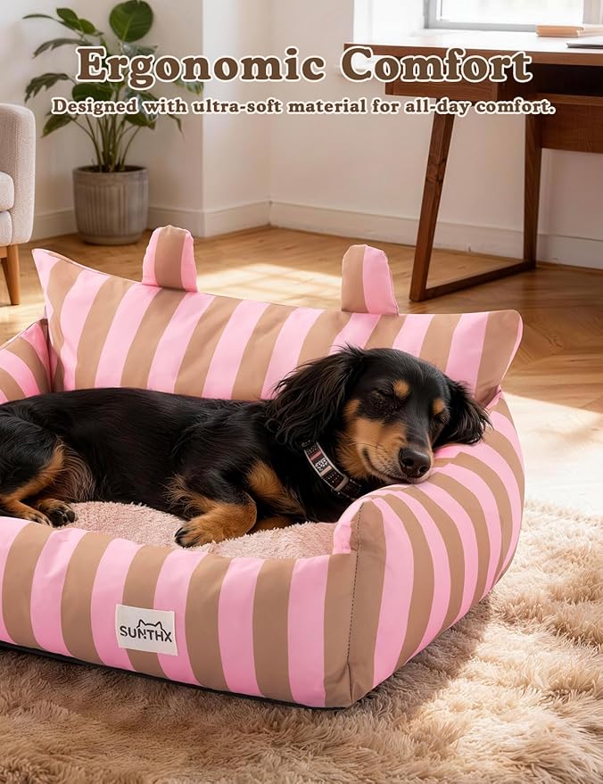 Cat Couch, Reversible Pet Bed for Indoor Cats – 2-Sided Cat Sofa with Oxford Fabric and Plush Fleece, Washable Small Dog Couch for Puppies and Senior Pets, Non-Slip Bottom, 28 inch, Pink Brown