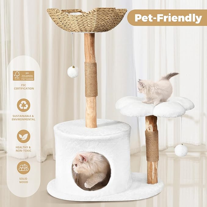Easyego Modern Cat Tree, 36.6" Aesthetic Wood Cat Tree Tower for Large Cats, Luxury Cat Condo with Scratching Posts and Flower Platforms, Cat Furniture, White