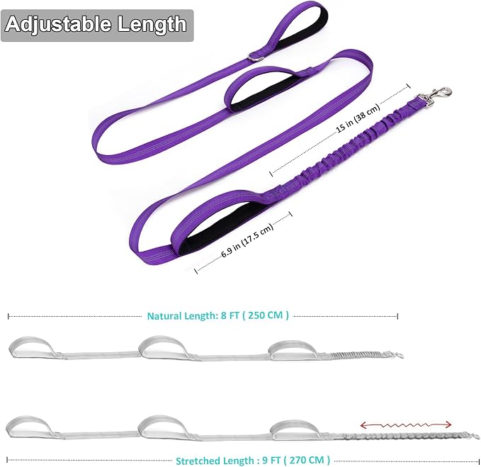 BTINESFUL 8ft Dog Leash with 3 Handles, Triple Handle, Reflective, Shork Absorbing Bungee, Control & Safety Training for Large Medium Dogs (Purple, 1 in x 8 ft)