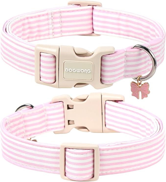 DOGWONG Purple Dog Collar, Spring Summer Stripped Dog Collar with Plastic Buckle,Soft Cotton Dogs Collars for Small Medium Dogs, Neck 14-21 inches