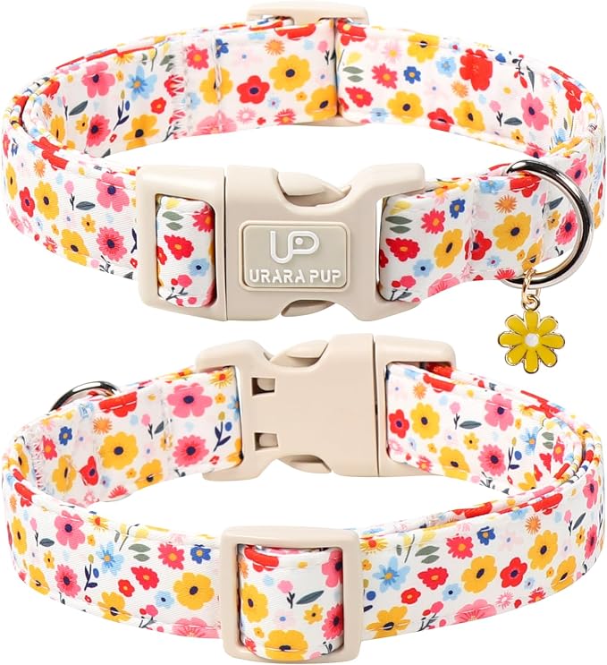 Floral Dog Collar, UP URARA PUP Colorful Floral Adjustable Pet Collar with Flower Charm, Spring Daily Dog Accessories for Small Medium Large Dogs