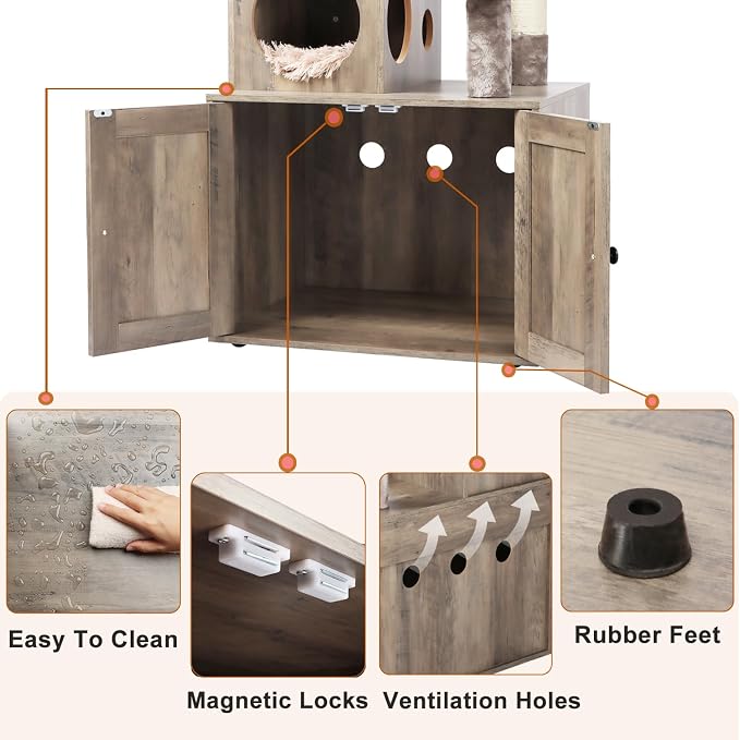 Timberer Cat Tree with Litter Box Enclosure, 2-in-1 Cat Tower for Indoor Cats, Large Wood Cat Condo with Basket, Scratching Posts, Pompoms, Grey