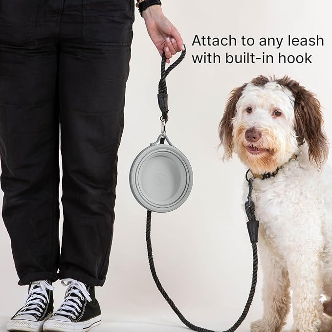 Cleverpup Nomad Large Collapsible Travel Dog Bowl - 4 Cup BPA-Free Silicone for Medium & Large Dogs, Portable, Food & Water, Dishwasher Safe - Grey Silicone