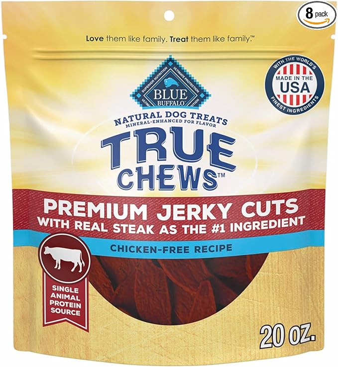Blue Buffalo True Chews Premium Jerky Cuts with Real Steak, Chicken-Free Natural Dog Treats, Mineral-Enhanced for Flavor, 20 oz. Bag (Pack of 8)