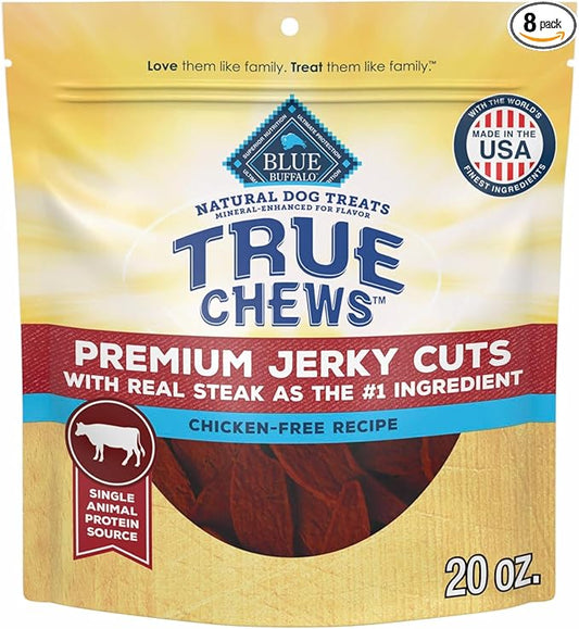Blue Buffalo True Chews Premium Jerky Cuts with Real Steak, Chicken-Free Natural Dog Treats, Mineral-Enhanced for Flavor, 20 oz. Bag (Pack of 8)