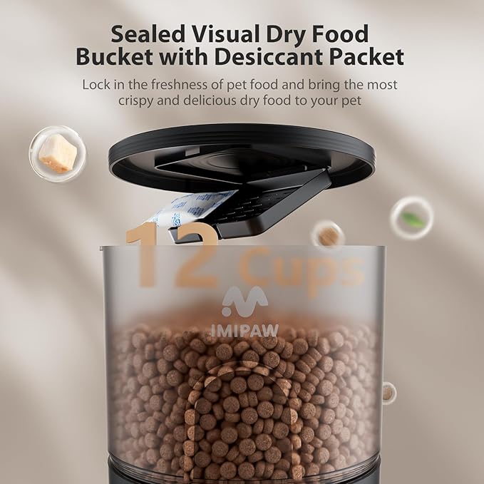 IMIPAW Automatic Cat Feeder, 5G WiFi Food Dispenser with APP Remote Control, Pet Dry Food Smart Feeder, Programmable Timed Feeding, Dual Power Supply, 1-10 Meals, Desiccant Bag, Stainless Steel Bowl
