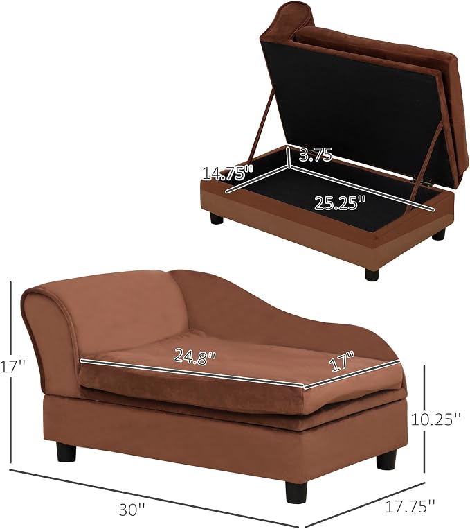 PawHut Luxury Fancy Dog Couch with Hidden Storage, Small Dog Sofa Bed with 2" Soft Foam, Modern Pet Furniture for Puppies & Little Breeds, Brown