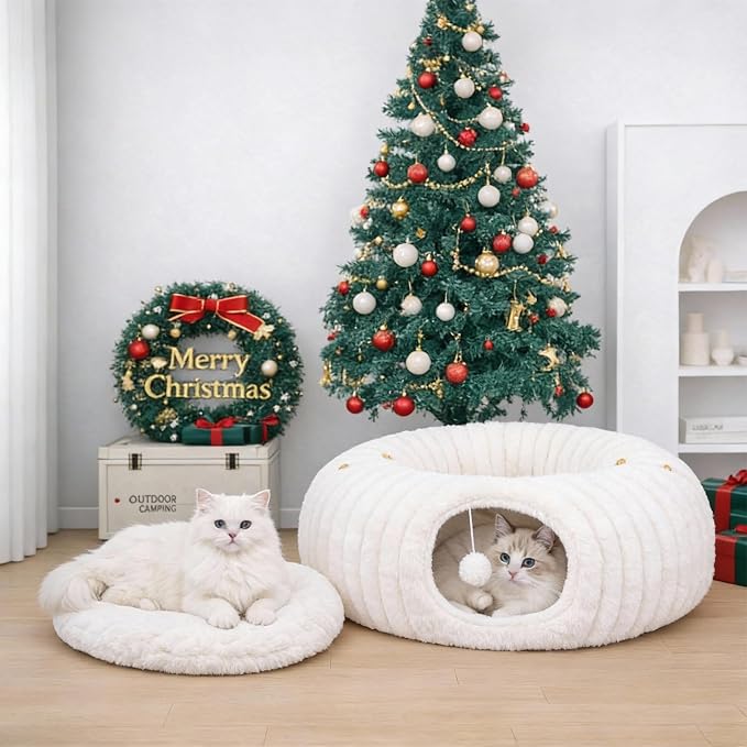 Cat Tunnel Bed Cave - Soft Washable Cushion for Indoor Cats, Peekaboo Hideaway Cave for Indoor Cats, Kittens, Puppies, Rabbits, Luxurious Striped Hare-Feel Fabric, Tunnels for Indoor Cats Large(White)