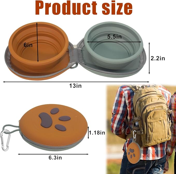 Collapsible Dog Bowls, 2-in-1 Silicone Pet Food and Water Bowl with Carabiner, Portable Double Compartment Dish for Travel, Camping, Hiking Puppy Essentials (A-Green Brown)