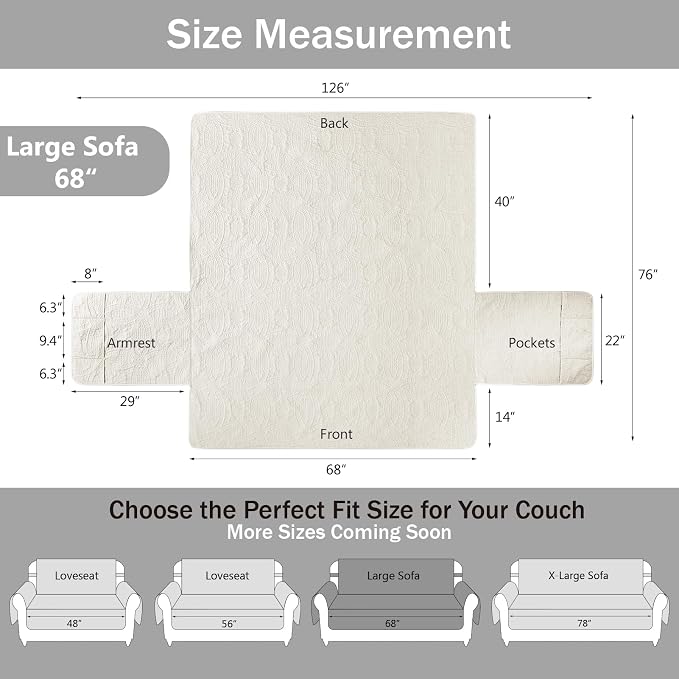 Quilted Sofa Slipcovers with Pockets, Anti-Slip Medallion Designed Couch Covers for 3 Cushion Sofa, Couch Cover for Dogs Cats Water-Repellent Machine Washable (Large Sofa 68", Ivory White)
