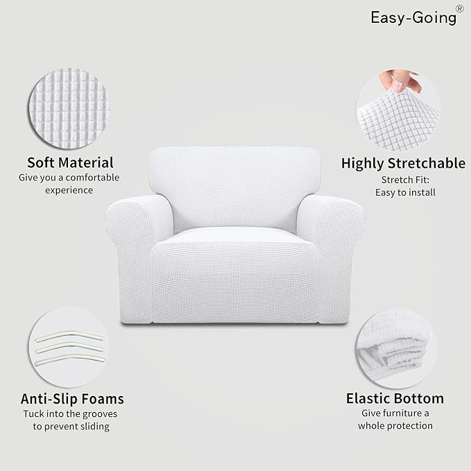 Easy-Going Stretch Oversized Chair Sofa Slipcover 1-Piece Couch Sofa Cover Furniture Protector Soft with Elastic Bottom for Kids Spandex Jacquard Fabric Small Checks Snow White