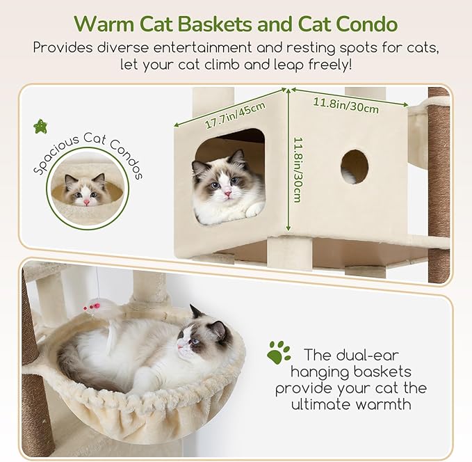 Globlazer 83in Heavy Duty Cat Tree, Giant Cat Tower with 2 Condos & 3 Hanging Baskets, Multi-Level Tall Cat Condo for Large Adult Cats, 7 Scratching Posts, F83C, Beige