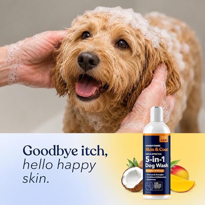 Honest Paws Dog Shampoo and Conditioner - Premium Dog Wash for Allergies and Dry, Itchy, Moisturizing for Sensitive Skin - Sulfate Free, Plant Based, All Natural - Coconut & Mango -16 Fl Oz