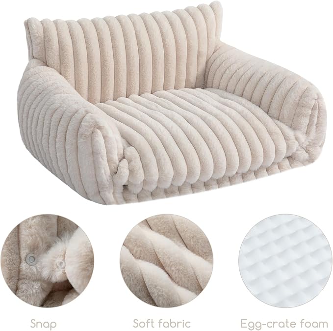 Hollypet Cat Bed Fluffy Plush Multifunctional Double-Layer Machine Washable Soft Warming Kitty Pet Couch Orthopedic Nest Beds for Small Cats Kitten and Dogs up to 13lbs, Cream(25x20x13 inch)