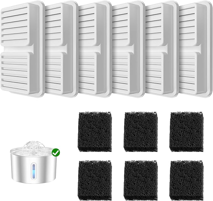 Replacement Filter for Cat Water Fountain - 6 Packs Pet Water Bowl Filters - 6 Filters & 6 Sponges Set for Stainless Steel Cats/Dog Water Dispenser - Activated Carbon & Foam Filtered Refill
