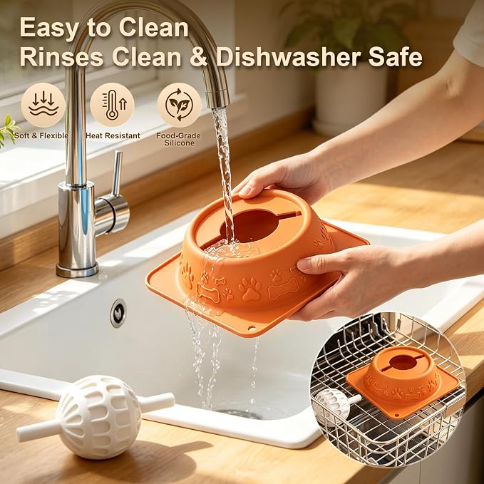Slow Feeder Dog Bowl for Liquid Treats, Anti-Slip Lick Bowl with Smooth Rolling Ball, No Spill Pet Bowl Yogurt Water Pup Lick Toy for Large Medium Small Dogs and Cats, Anxiety Relief Boredom, Orange
