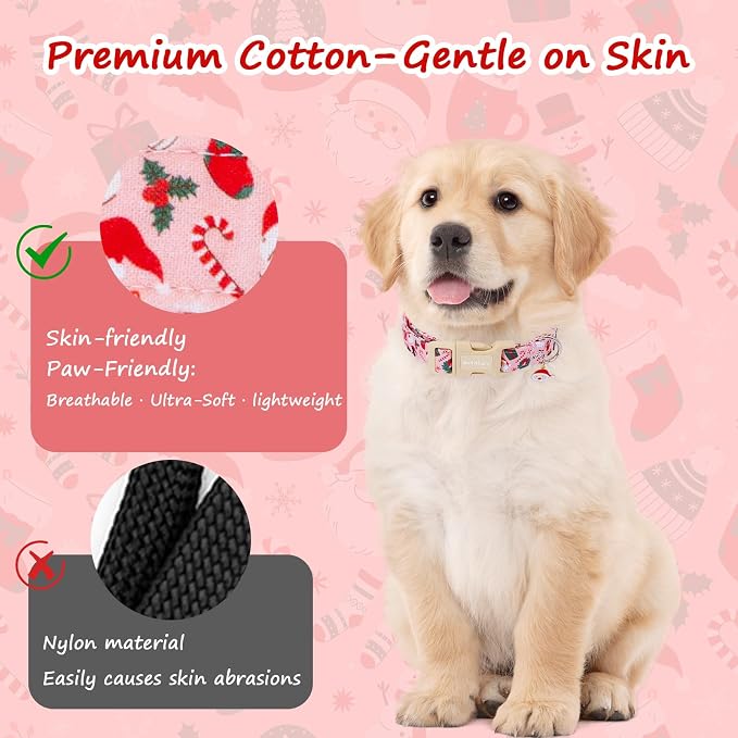 Christmas Dog Collar for Medium Dogs, Pink Cotton Medium Dog Collars with Santa & Snowman Patterrn, Adjustable Holiday Dog Collars, Cute Winter Collar for Girl Boy Dogs